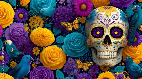 Decorated sugar skull with colorful flowers and monarch butterflies celebrating dia de los muertos, surrounded by vibrant blue birds