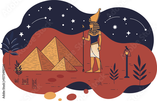 Ancient Egyptian god Anubis standing near pyramids with starry night sky background vector illustration 
