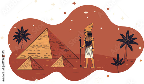 Ancient Egyptian Pharaoh with Pyramid and Palm Trees Vector Illustration in Earth Tones 