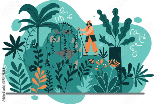 Gardener tending lush green plants and tropical foliage in vibrant garden environment vector illustration 