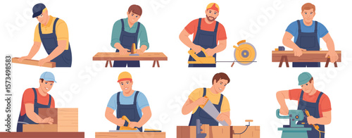 Carpenters Working with Wood and Tools