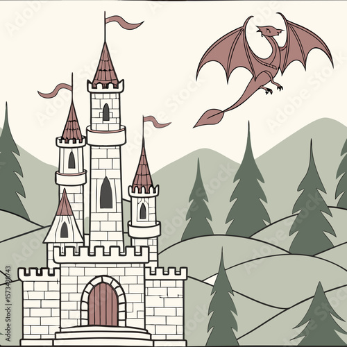 Enchanting seamless pattern with a medieval castle, flying dragon, and pine trees in a magical landscape. Great for storybook designs, fantasy-themed products, and kids’ rooms.