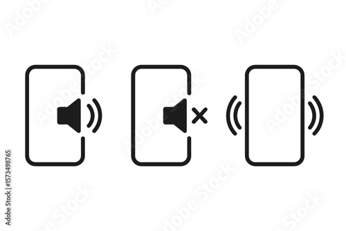 Smartphone sound profile icon set with ring, vibration, and silent modes. Phone sound on, mute, and vibrate symbol collection for mobile app and web user interface design.