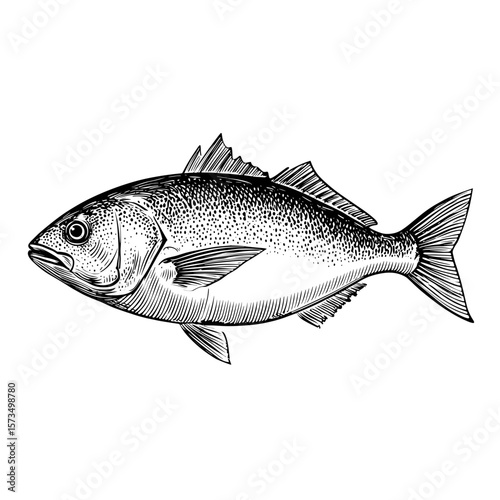 Vintage ink illustration of a dorado fish in side profile  