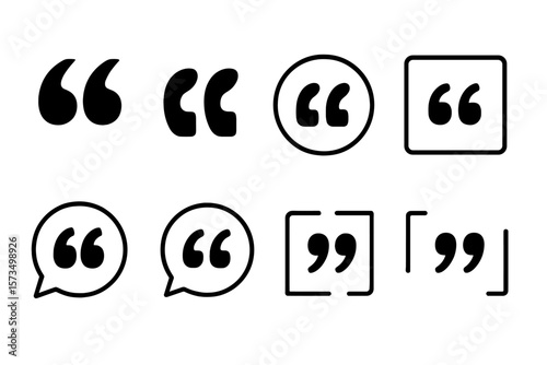 Quote mark icon set. Vector quotation symbols. Testimonial, citation, speech bubble, comment signs. Black modern graphics for typography, web, blog, print. Isolated.
