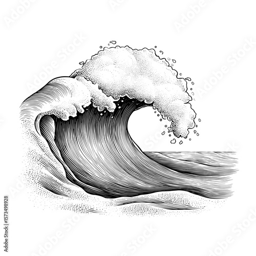 Ocean wave in vintage black and white engraving style  