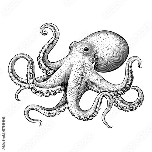 Detailed black and white engraving of an octopus with curled tentacles  
