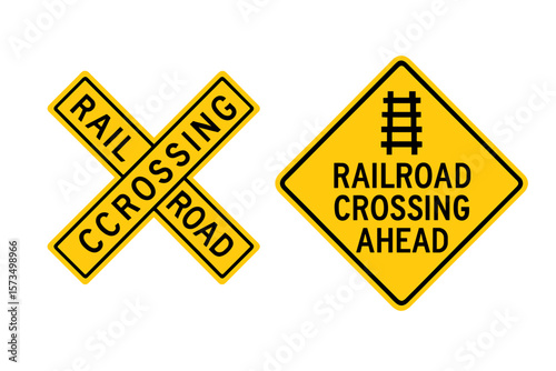 Railroad Crossing Signs Set. Railway Level Crossing Warning. Crossbuck and Advance Warning Signs. Yellow Road Safety Symbols. Traffic Control. Transportation Caution. Vector Illustration