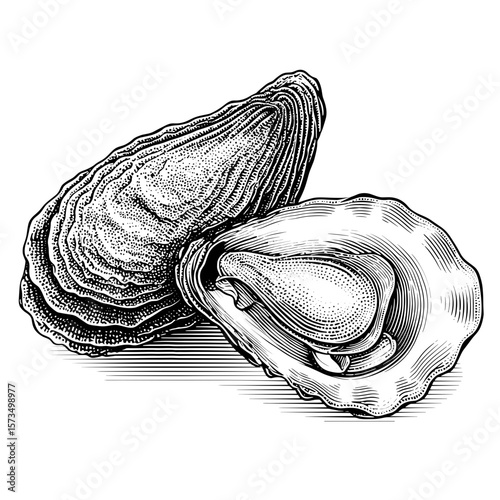 Detailed illustration of open and closed oysters on a white background  