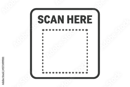 Scan here QR code blank frame template. Printable sticker for shop payment, website link or app. Contactless transaction technology concept. Vector ui icon for scanning.