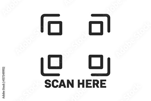 Scan here QR code blank frame. Printable sticker template for shop payment, website, mobile app. UI UX element for scanning. Digital barcode technology for easy information access.
