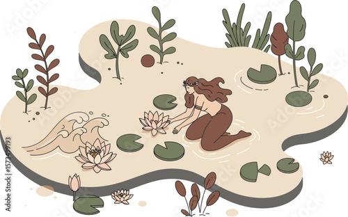 Forest scene with brown bear and plants in natural habitat vector illustration for wildlife nature design 