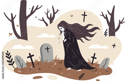 Dark cloaked woman walking in spooky graveyard with barren trees and crosses vector illustration 