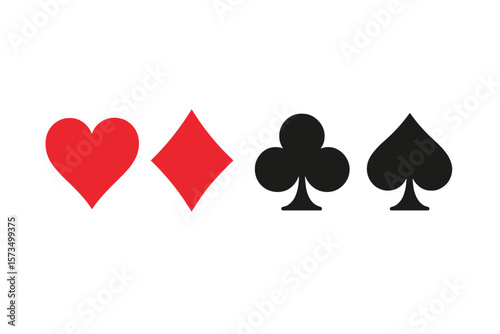 Playing Card Suits Vector Set. Red Heart, Red Diamond, Black Club, Black Spade Symbols. Classic Deck Icons. Casino, Poker, Gambling, Game Elements. Isolated Transparent Illustration