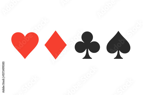 Playing Card Suits Vector Set. Heart, Diamond, Club, Spade Symbols. Red and Black Classic Casino Icons. Poker, Bridge, Gambling, Game Elements. Transparent Background. Modern Flat Illustration