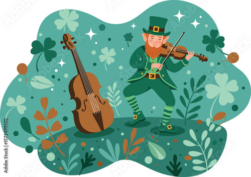 Leprechaun playing violin with guitar and shamrocks on green background vector illustration for St Patricks Day celebration 