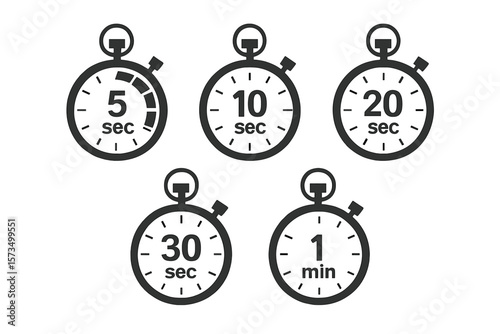 Set of timer icons. Stopwatch, chronometer with 5, 10, 20, 30 second and 1 minute time interval. Countdown clock symbol collection. Sport timer, kitchen timer vector.