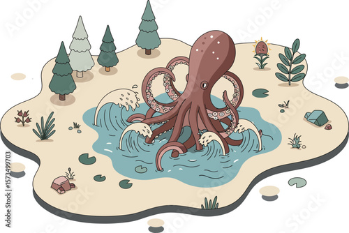 Octopus in small pond surrounded by trees and plants vector illustration in natural environment 