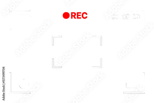 Video camera viewfinder screen. Camera recording frame for video overlay effect. Camcorder POV display with REC, timer and battery icon. Filming vector template on transparent background.