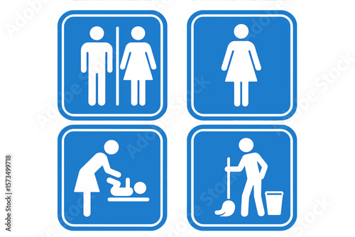 Restroom and Bathroom Signs Set. Male and Female Toilet Symbols. Baby Changing Station Icon. Cleaning Staff Symbol. Blue Printable Vector for Public Facilities