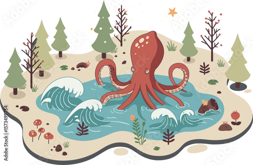 Giant octopus in forest pond with waves and pine trees vector illustration in nature environment scene 