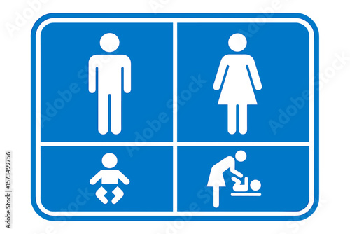 Restroom Sign Vector – Man, Woman, Baby, Diaper Changing Station, Blue Universal Toilet Symbol, Bathroom, Family Washroom, Public Facility, Printable Sticker, Icon Set