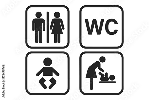Restroom Toilet Sign Vector Set. Male Female WC Icon. Baby Changing Room Symbol. Bathroom Sticker. Public Washroom Signage. Family Toilet. Nursery Changing Table. Editable Vector Isolated.