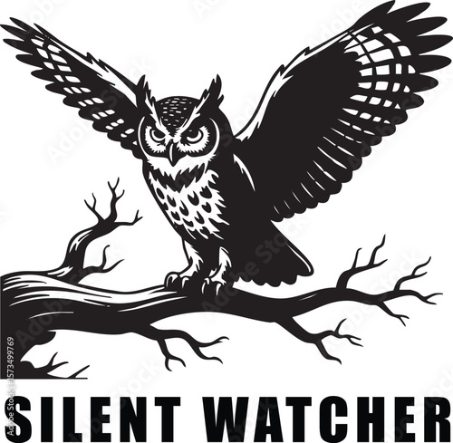 Flying Owl Silhouette on Tree Branch with Spread Wings and Text 'Silent Watcher' – Wildlife Logo Vector.