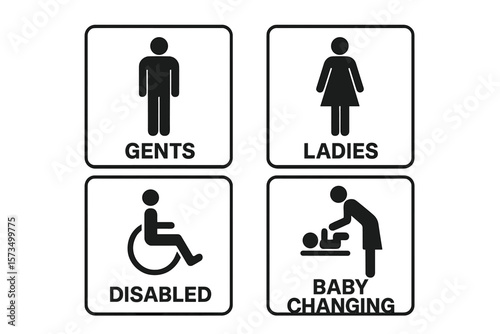 Washroom signs vector icon set. Man, woman, disabled person, baby changing station pictograms. Public toilet, restroom, WC door symbols. Gender, accessibility signage.