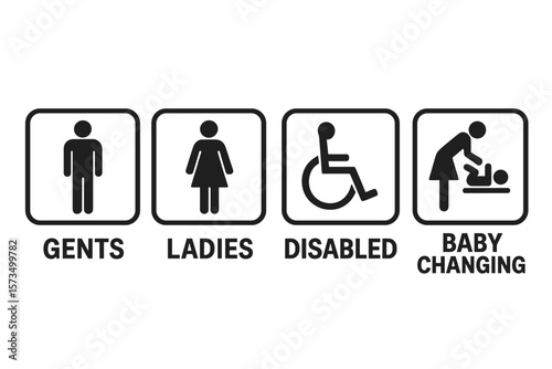 Set of washroom signs. Restroom or toilet door pictograms. Man, woman, disabled access, baby changing station icon collection. Printable WC symbol vector illustration.