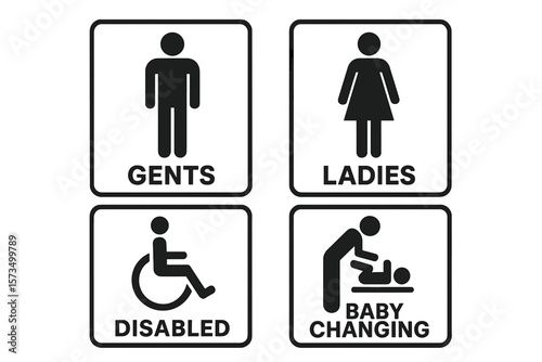 Washroom signs vector icon set. Restroom or toilet door signs collection with gents, ladies, disabled access, and baby changing station symbols. Public place WC pictogram.