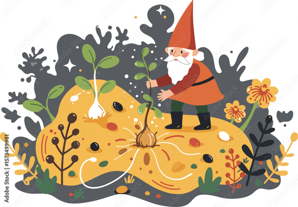 Fototapeta premium Gnome watering plants in garden with pumpkin and autumn flowers vector illustration 