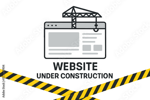 Website under construction banner with warning tape. Web page building in progress concept. Modern flat line vector illustration for site development with crane and browser.