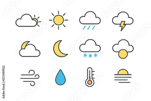 Weather Forecast Vector Icon Set. Line Style Symbols for Sun, Cloud, Rain, Storm, Snow, Moon, Wind, Temperature, Humidity, Mist. Colorful UI Elements for App, Website, Transparent Background
