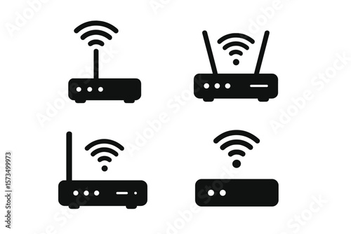 Wi-Fi router icon set. Wireless network modem symbol collection. Internet connection signal for web design, app, and UI element. Flat glyph vector illustration concept.