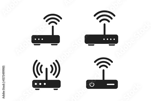 Wi-Fi router icon set. Wireless network modem symbols. Internet connection pictogram. Broadband hotspot signal. Flat minimal glyph for app UI UX, web design element. Vector.
