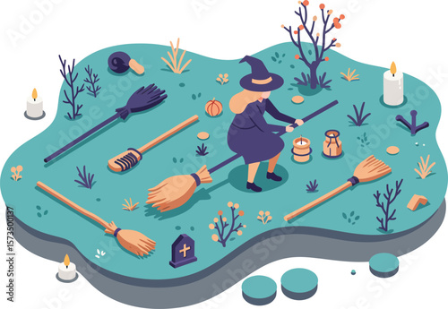 Witch Preparing Magical Potion with Brooms and Candles in Isometric Style Vector Illustration 
