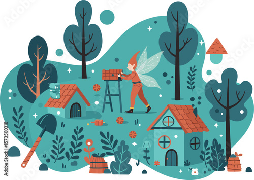 Fairy gardening scene with miniature houses trees and garden tools in whimsical vector style 
