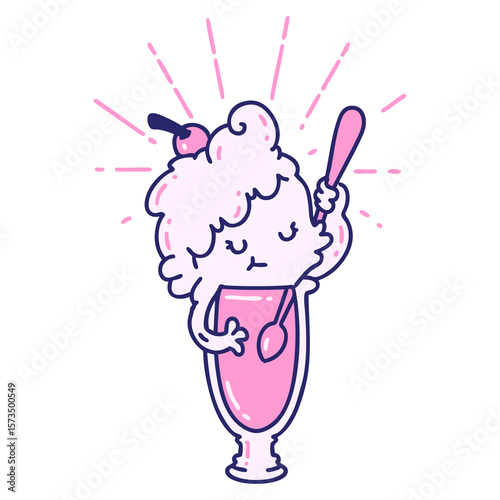illustration of a traditional tattoo style ice cream character in bright neon color