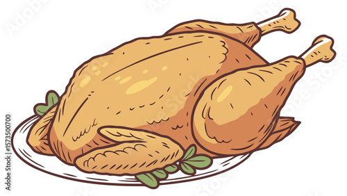 “Roast Turkey on Plate Cartoon Vector Illustration”