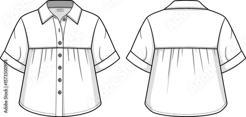 Short Sleeve Button-Up Blouse with Gathered Yoke Fashion Technical Sketch Flat CAD Drawing Vector Illustration for Apparel Design