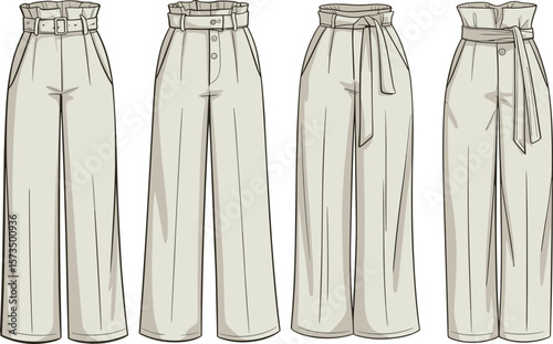 High Waist Wide Leg Pleated Trousers Pants Fashion Technical Sketch Flat CAD Drawing Vector Illustration for Apparel Design