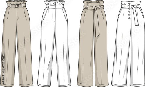 Women's High Waist Wide Leg Pleated Trousers Pants Fashion Technical Sketch Flat CAD Drawing Vector Illustration for Apparel Design