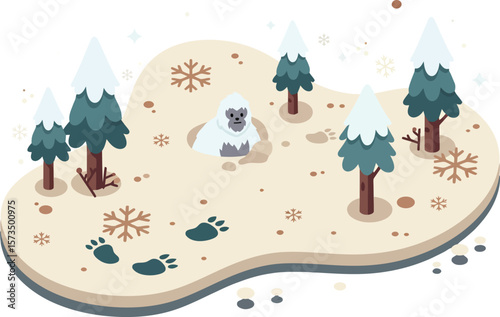Yeti creature in snowy forest with pine trees and snowflakes winter scene vector illustration 