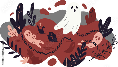 Ghost floating over spooky graveyard with tombstones and chains Halloween vector illustration 
