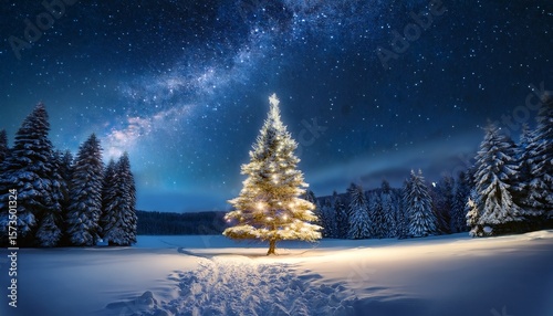 a serene christmas scene with a lit tree under a starry night sky blanketed in fresh snow