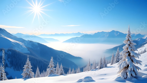 Snow-covered mountain landscape under a clear blue sky
