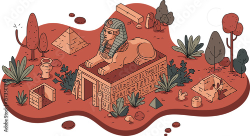 Ancient Egyptian sphinx monument surrounded by pyramids and desert plants in vector illustration design 