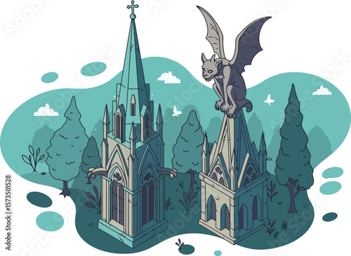 Gothic style church with detailed spires and gargoyle statue in artistic vector illustration