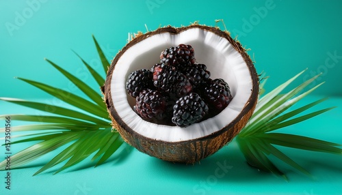 fresh blackberries sit inside coconut halves on a bright turquoise surface surrounded by green leaves